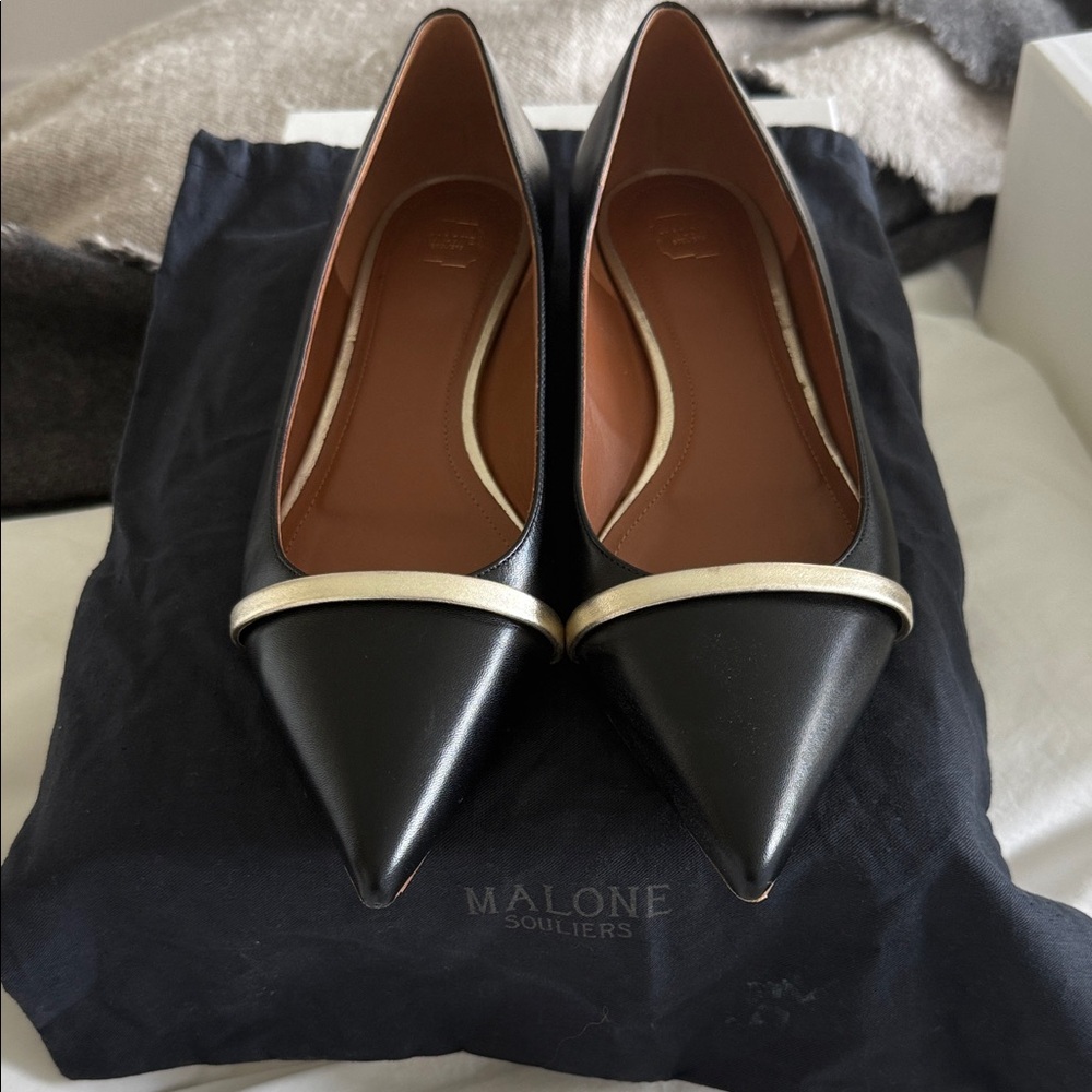 Malone Souliers Black and Gold Pointed Flat